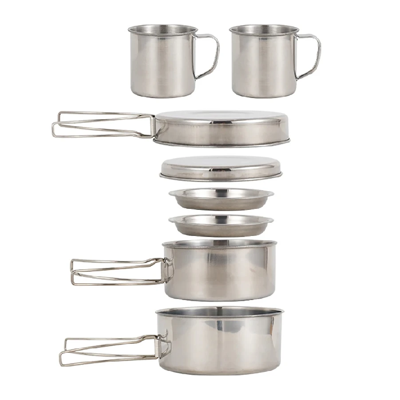 Camping Cooking Accessories Set - 8-teiliges Camping-Kochgeschirr-Set aus Edelstahl mit Töpfen,