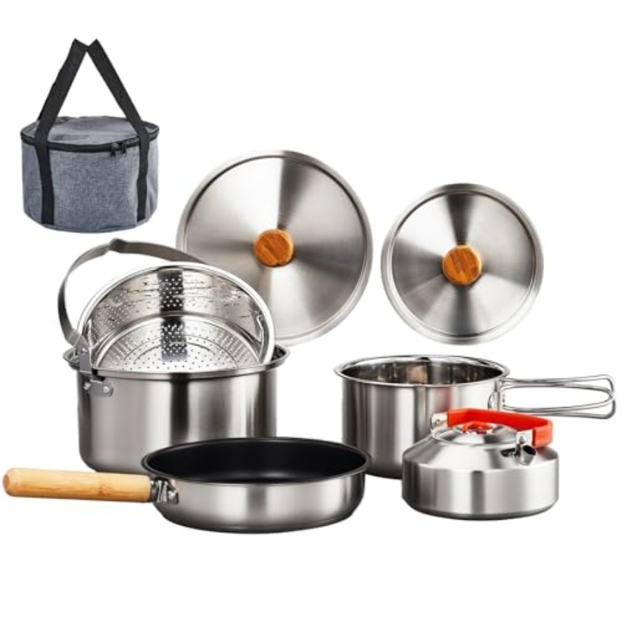 Nesting Camping Cooking Set - Camping-Kochgeschirr-Set, Leichtes Edelstahl-Kochset mit Tragetasche für