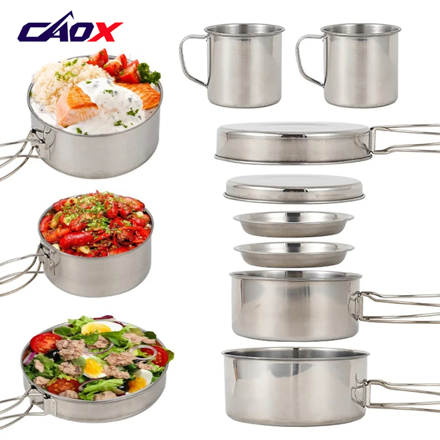 Camping Cooking Hot Plate - CAOX 8-teiliges Camping-Kochgeschirr-Set aus Edelstahl mit