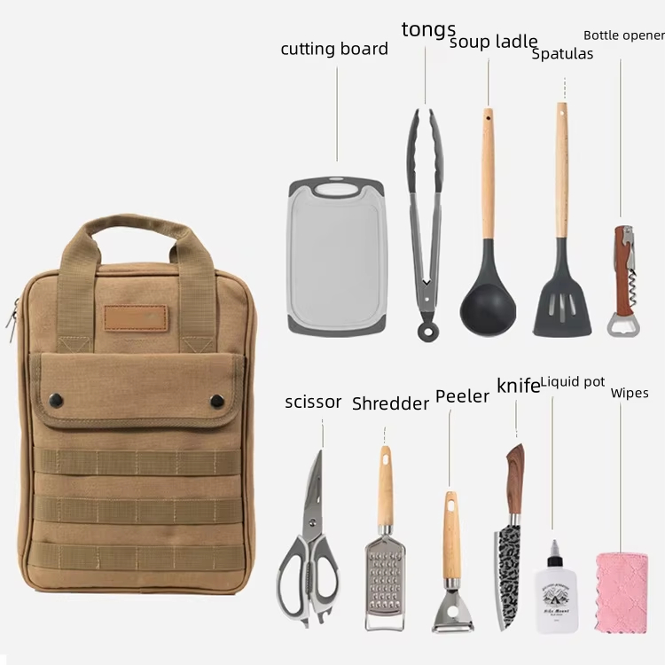 Camping Cooking Accessories Set - Camping-Kochutensilien-Set, 12-teiliges tragbares Kochgeschirr-Organizer-Set, Geschirr-Aufbewahrungstasche für