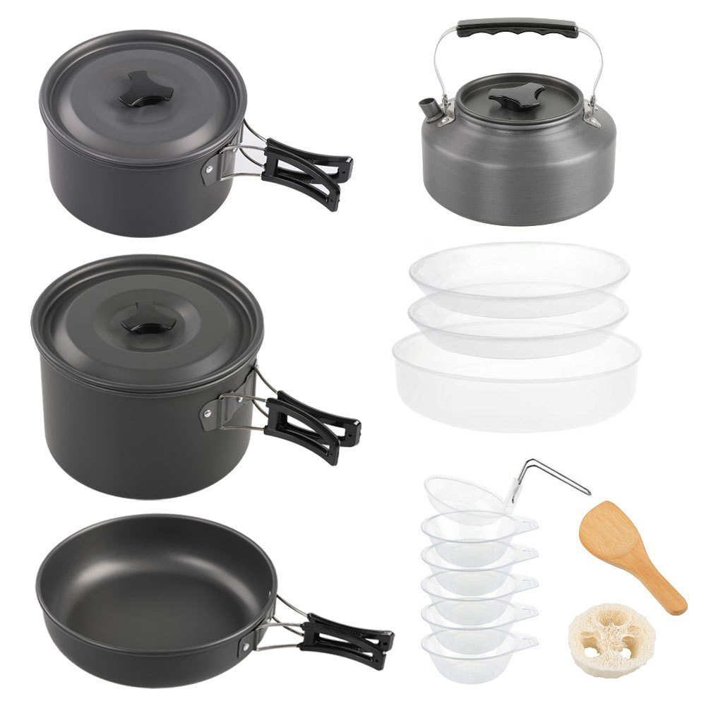 Nesting Camping Cooking Set - Großes Outdoor-Kochset, 2-4 Personen Nestkochtopf-Set, Camping-Teekannen-Set,