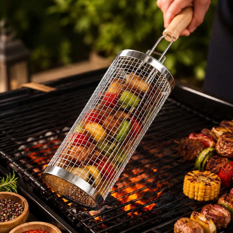 Camping Cooking Device - Runder Grillkorb-Set aus Edelstahl, rollbarer Stahlgitter-Grill