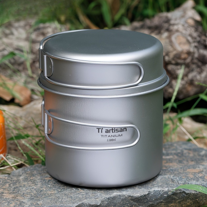 Camping Cooking Kitchen Set - Reines Titan-Kochgeschirr-Set mit Griff, ultraleicht, tragbar,